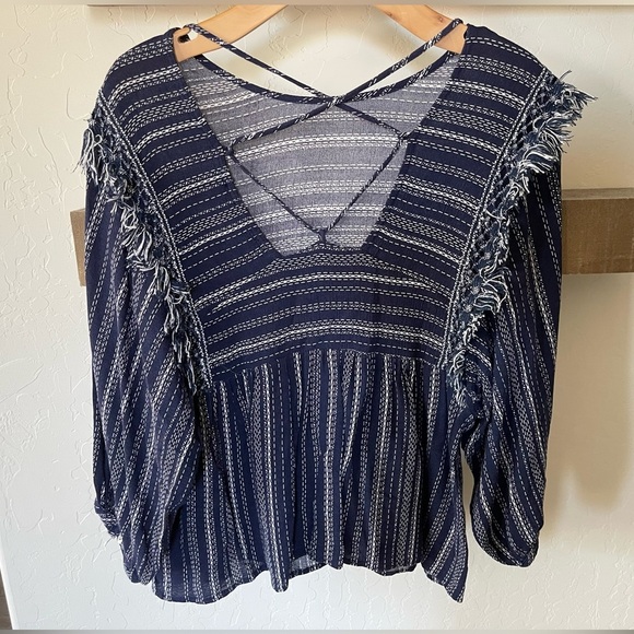 Blue Rain| Francesca’s Beachy Boho Long Sleeve Blouse with Fringe Accents••• - Picture 2 of 10